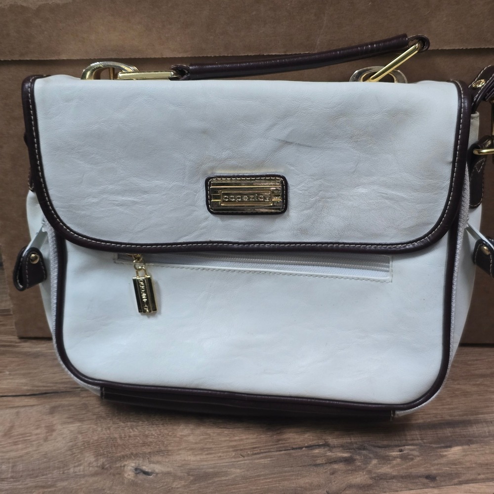 Capezio Vintage White Brown Two Tone Satchel Crossbody Bag Gold Hardware